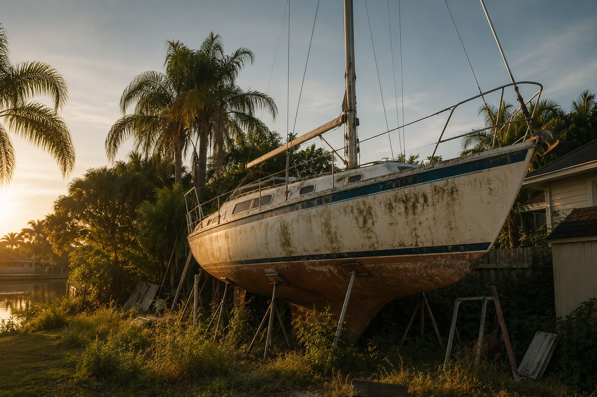 Weathered sailboat on stands in an overgrown Florida side yard at sunrise