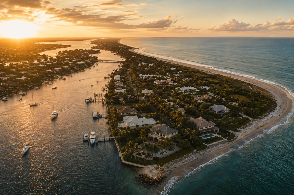 Aerial view of the Treasure Coast barrier island at golden hour
