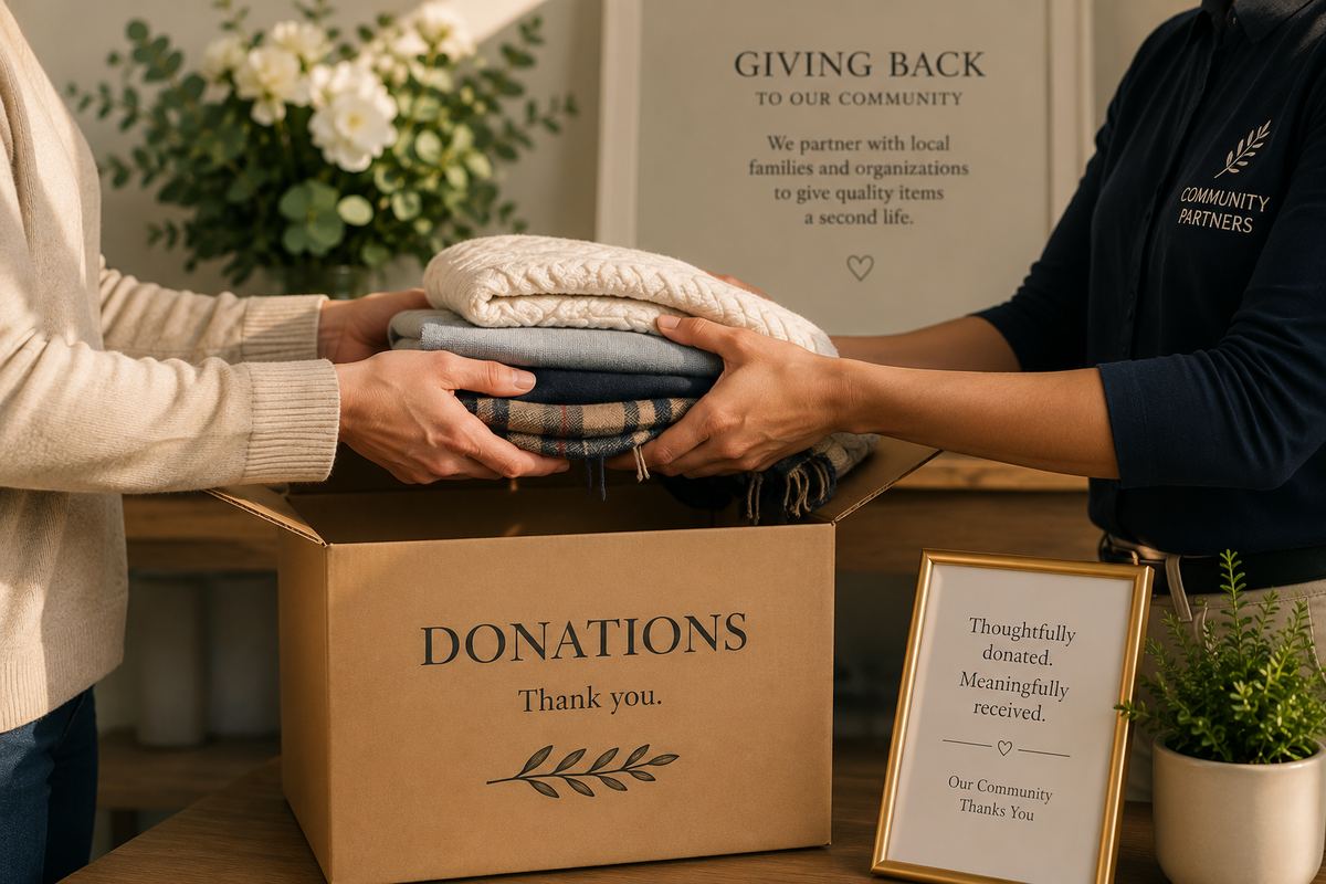Folded clothing being handed into a donation box