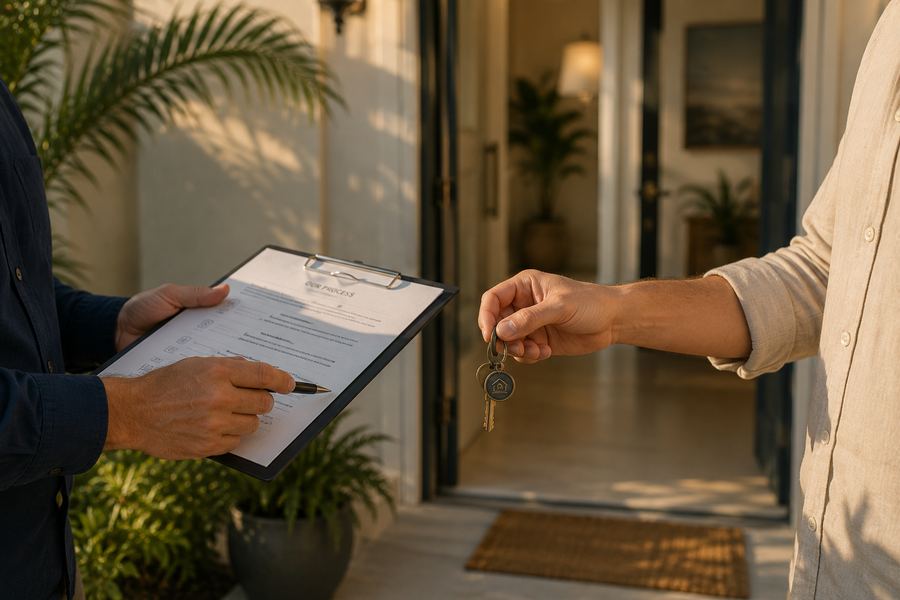 Walk-through at the front door with keys and checklist